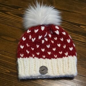 Red and White Knitted Pom-Pom Beanie By Door County Knits - Handmade